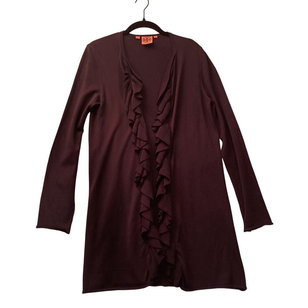Tory Burch Ladies Black Cotton Open Cardigan Ruffles on Front Size Med